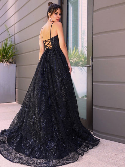 A-Line/Princess V-neck Lace Sleeveless Sequin Sweep/Brush Train Dresses Party Dresses Formal Dresses