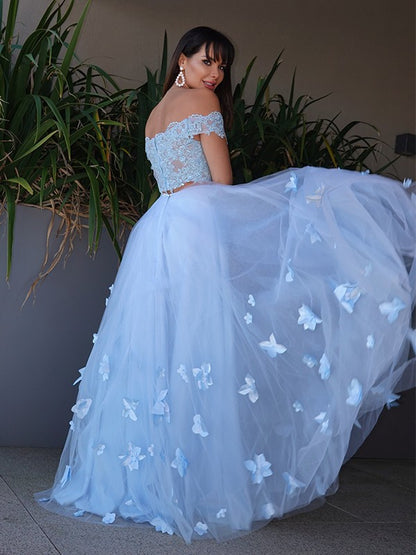 A-Line/Princess Tulle Applique Sleeveless Off-the-Shoulder Floor-Length Two Piece Dresses