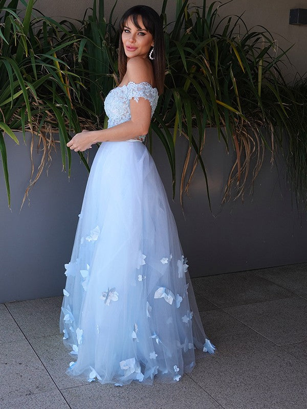 A-Line/Princess Tulle Applique Sleeveless Off-the-Shoulder Floor-Length Two Piece Dresses
