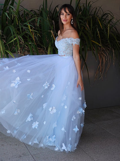 A-Line/Princess Tulle Applique Sleeveless Off-the-Shoulder Floor-Length Two Piece Dresses