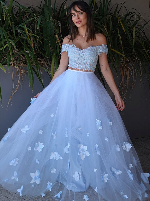 A-Line/Princess Tulle Applique Sleeveless Off-the-Shoulder Floor-Length Two Piece Dresses