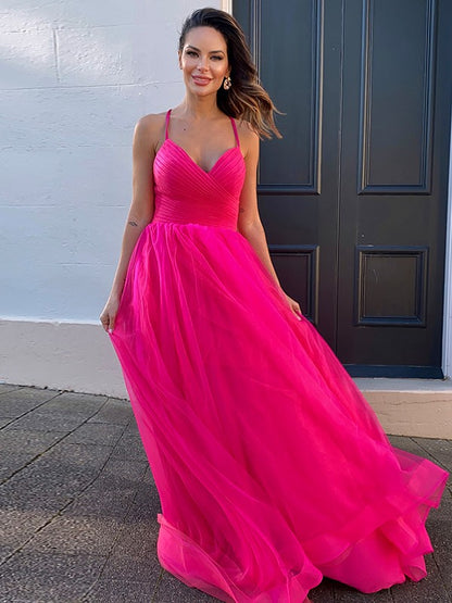 A-Line/Princess Tulle V-neck Ruched Sleeveless Sweep/Brush Train Party Dresses Formal Dresses