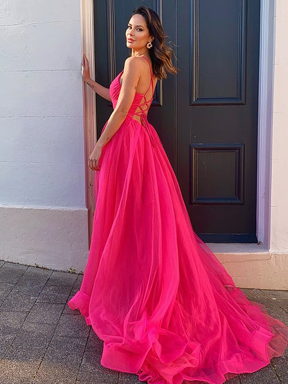 A-Line/Princess Tulle V-neck Ruched Sleeveless Sweep/Brush Train Party Dresses Formal Dresses