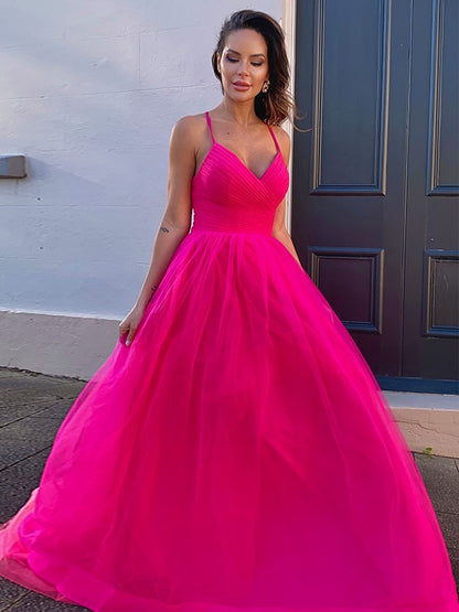 A-Line/Princess Tulle V-neck Ruched Sleeveless Sweep/Brush Train Party Dresses Formal Dresses