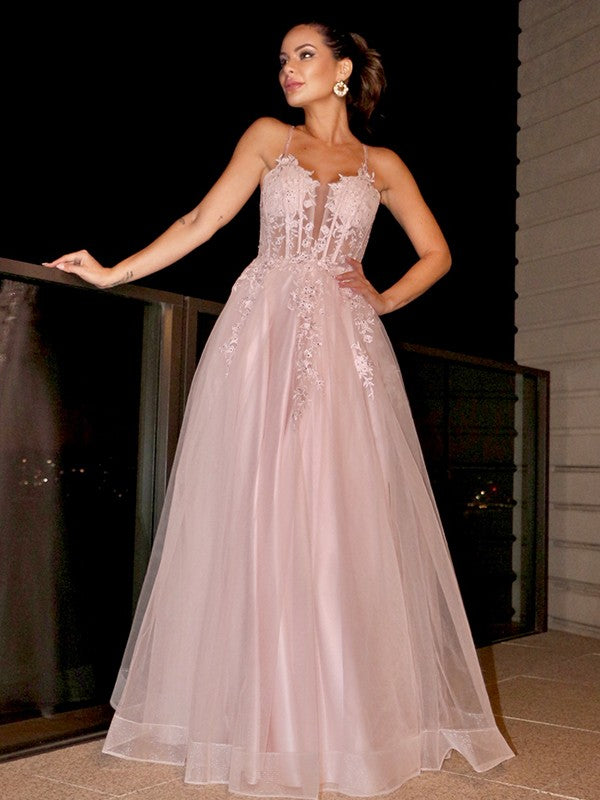 A-Line/Princess Applique Spaghetti Straps Sleeveless Tulle Floor-Length Party Dresses Formal Dresses