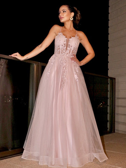 A-Line/Princess Applique Spaghetti Straps Sleeveless Tulle Floor-Length Party Dresses Formal Dresses