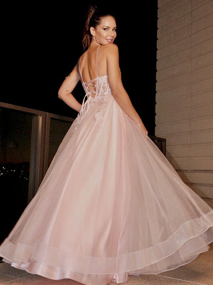 A-Line/Princess Applique Spaghetti Straps Sleeveless Tulle Floor-Length Party Dresses Formal Dresses