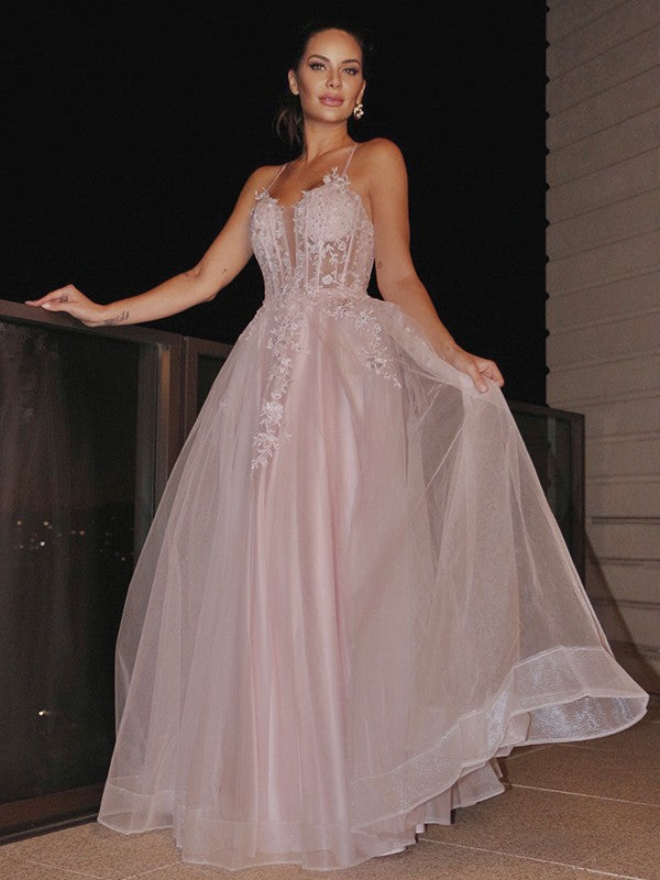 A-Line/Princess Applique Spaghetti Straps Sleeveless Tulle Floor-Length Party Dresses Formal Dresses