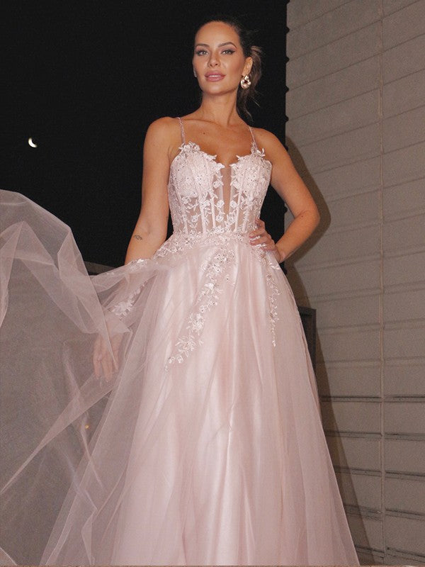 A-Line/Princess Applique Spaghetti Straps Sleeveless Tulle Floor-Length Party Dresses Formal Dresses