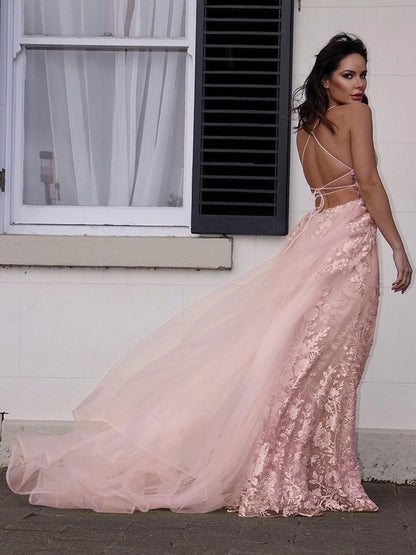 A-Line/Princess Tulle Applique V-neck Sleeveless Sweep/Brush Train Party Dresses Formal Dresses