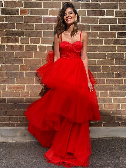 A-Line/Princess Tulle Layers Spaghetti Straps Sleeveless Sweep/Brush Train Dresses