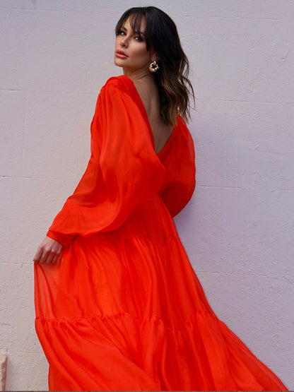 Party Dresses Formal Dresses A-Line/Princess V-neck Long Sleeves 30D Chiffon Ruffles Sweep/Brush Train Dresses