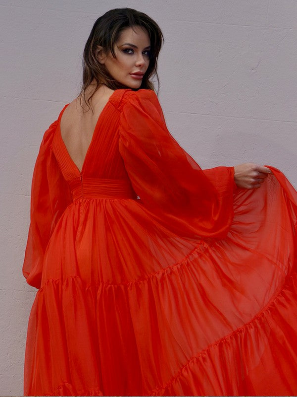 Party Dresses Formal Dresses A-Line/Princess V-neck Long Sleeves 30D Chiffon Ruffles Sweep/Brush Train Dresses