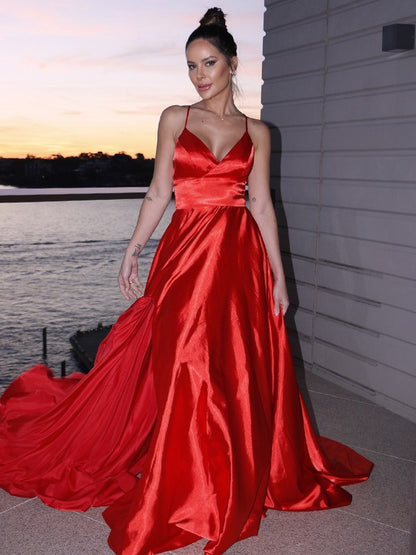 A-Line/Princess Woven Satin Ruffles V-neck Sleeveless Sweep/Brush Train Party Dresses Formal Dresses