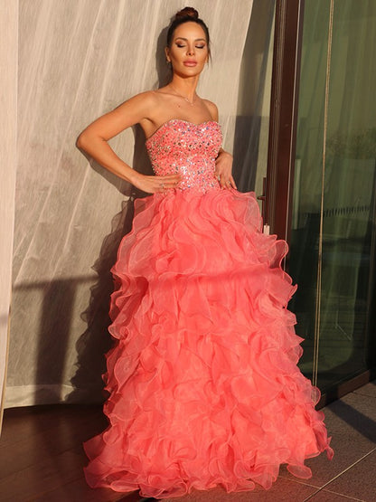 Ball Gown Organza Sweetheart Beading Sleeveless Floor-Length Party Dresses Formal Dresses