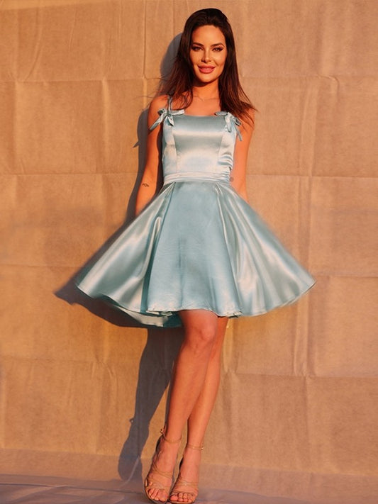 A-Line/Princess Ruffles Woven Satin Straps Sleeveless Short/Mini Cocktail Dresses