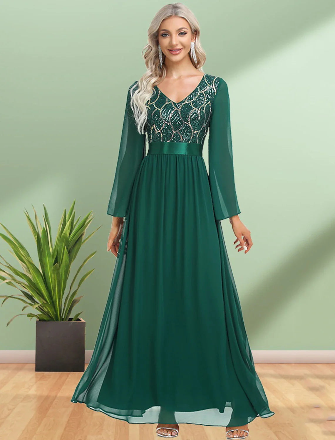 A-Line Evening Gown Elegant Dress Party Wear Floor Length Long Sleeve V Neck Chiffon with Sequin Ribbon