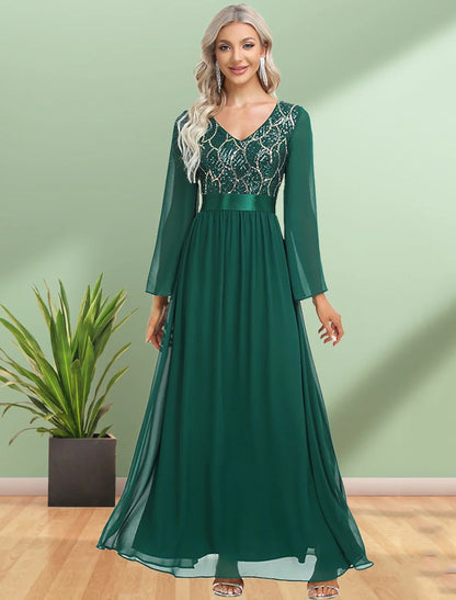 A-Line Evening Gown Elegant Dress Party Wear Floor Length Long Sleeve V Neck Chiffon with Sequin Ribbon