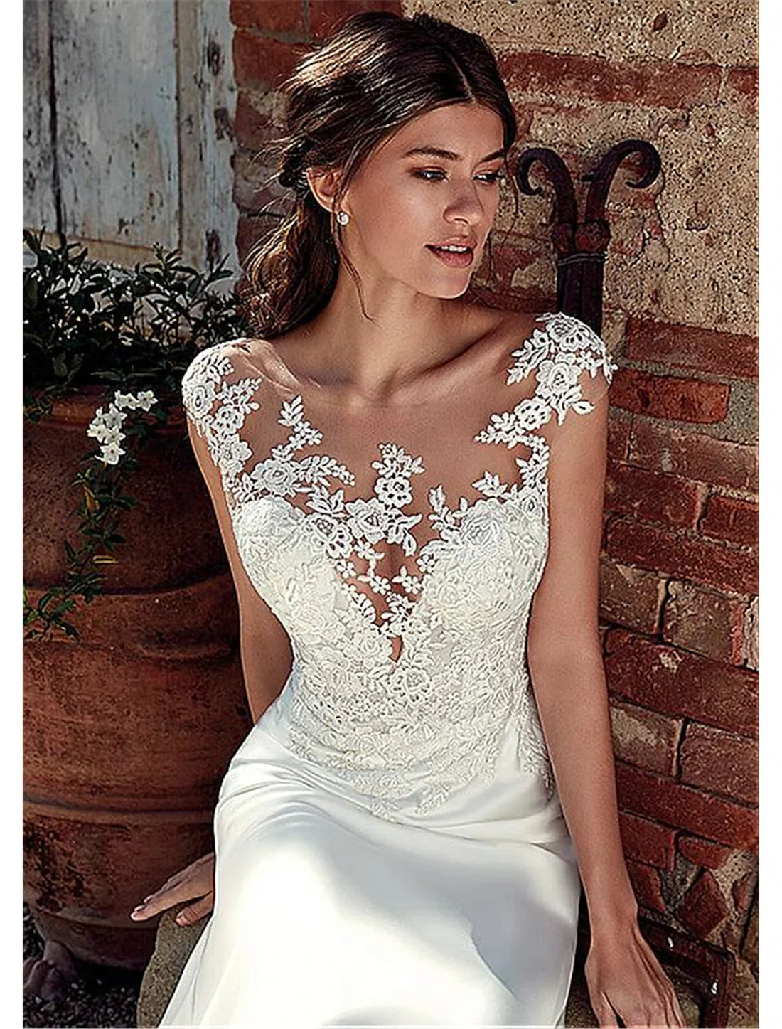 Formal Charming  Open Back Wedding Dresses Mermaid / Trumpet Illusion Neck Cap Sleeve Court Train Chiffon Bridal Gowns With Appliques