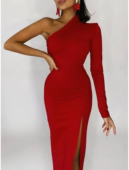 Sheath Mermaid Long Sleeve One Shoulder Evening Gown Floor Length  Stretch Fabric Prom Dress with Slit