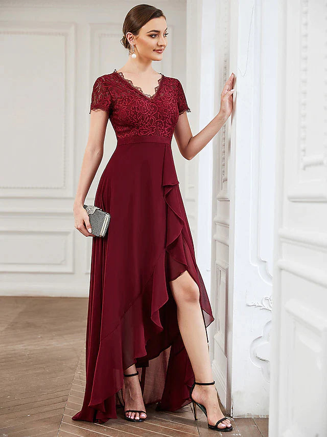 A-Line Cocktail Dresses Minimalist Dress Wedding Party Asymmetrical Short Sleeve V Neck Lace with Slit