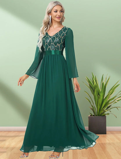 A-Line Evening Gown Elegant Dress Party Wear Floor Length Long Sleeve V Neck Chiffon with Sequin Ribbon