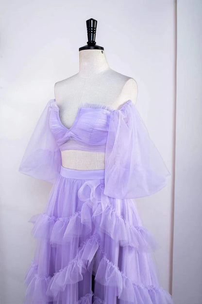 Off the Shoulder Ruffles Prom Dress with Slit