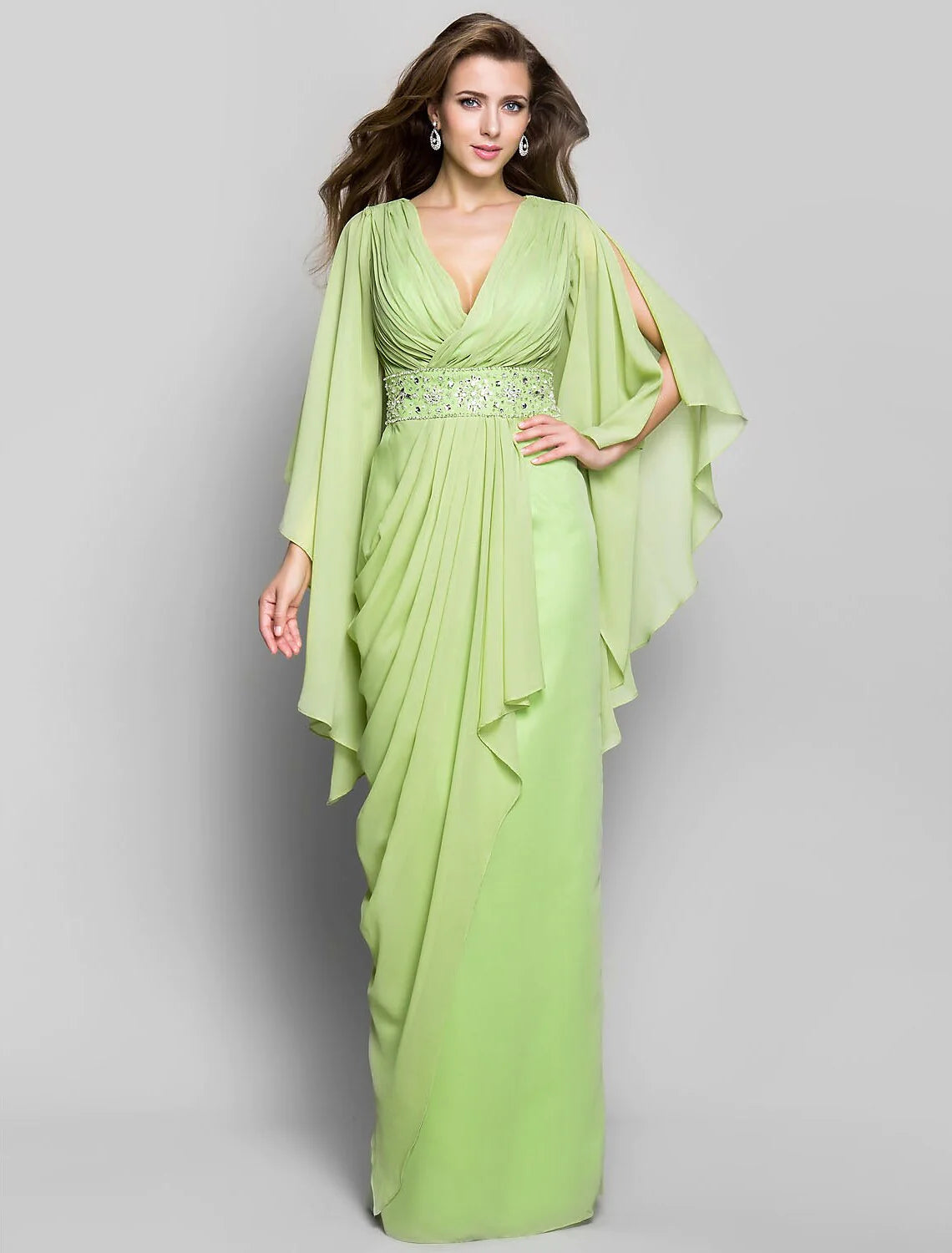 Sheath / Column Elegant Dress Wedding Guest Floor Length Long Sleeve V Neck Chiffon V Back with Crystals Side Draping