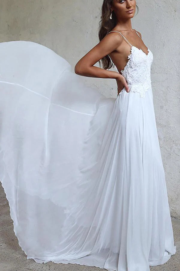 Elegant A-line Straps White Long Chiffon Beach Wedding Dress