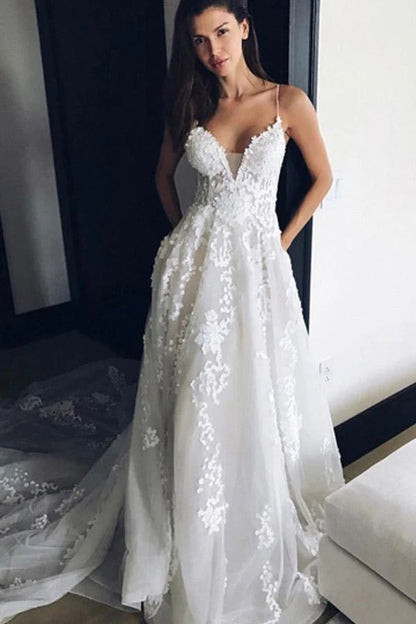 V Neck Spaghetti Straps Appliques Court Train Tulle Wedding Dress