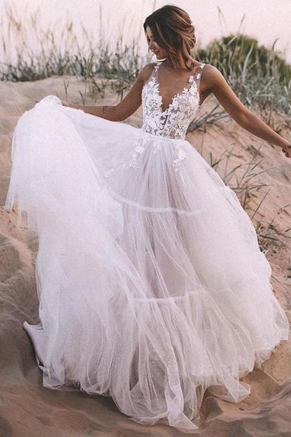 Tulle Skirt Lace V Neck Outdoor Wedding Dresses Bridal Gown