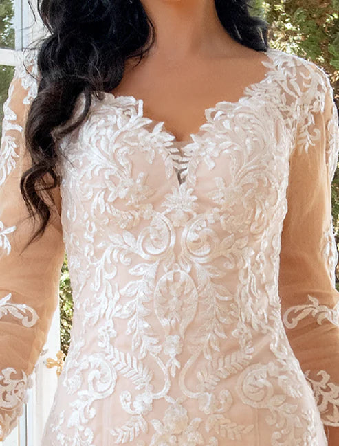 Engagement Wedding Dresses Bridal Dresses Mermaid / Trumpet Sweetheart Long Sleeve Sweep / Brush Train Lace Bridal Gowns With Appliques Summer Wedding Party