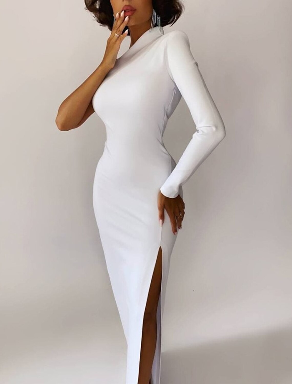 Sheath Mermaid Long Sleeve One Shoulder Evening Gown Floor Length  Stretch Fabric Prom Dress with Slit