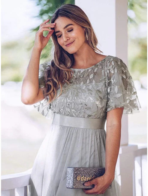 A-Line  Elegant Party Wear Prom Dress Jewel Neck Short Sleeve Floor Length Tulle with Embroidery / Illusion Sleeve