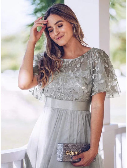 A-Line  Elegant Party Wear Prom Dress Jewel Neck Short Sleeve Floor Length Tulle with Embroidery / Illusion Sleeve