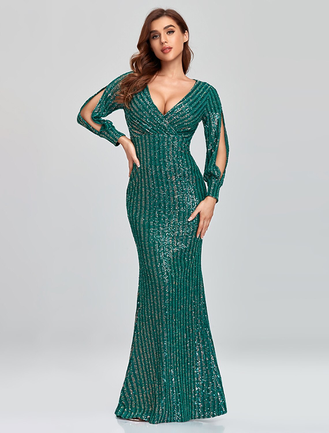 Sheath Mermaid V Neck  Evening Gown Sleek Glitter Sparking Sequins  Floor Length Long Sleeve  Party Dress  Prom Dress