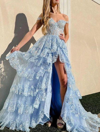 Sheath Mermaid Prom Dresses Corsets Dress Evening Party Court Train Sleeveless Off Shoulder Appliques with Sequin Slit