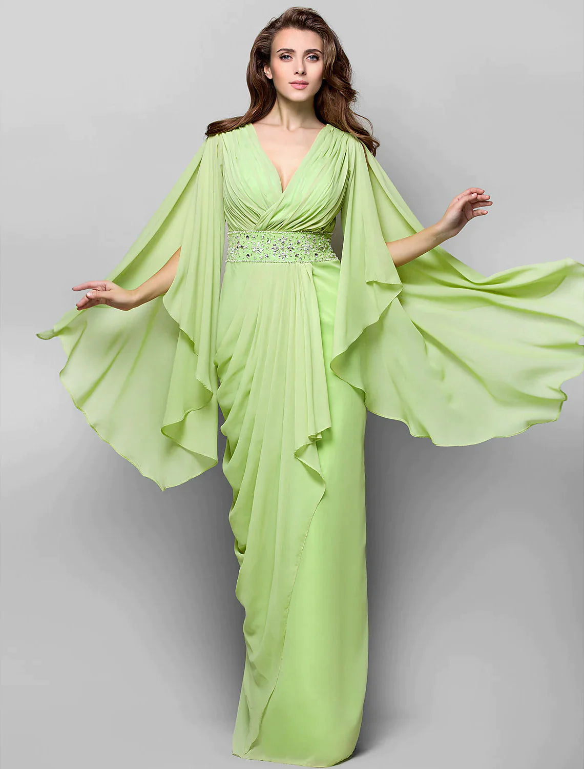 Sheath / Column Elegant Dress Wedding Guest Floor Length Long Sleeve V Neck Chiffon V Back with Crystals Side Draping