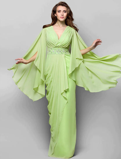 Sheath / Column Elegant Dress Wedding Guest Floor Length Long Sleeve V Neck Chiffon V Back with Crystals Side Draping