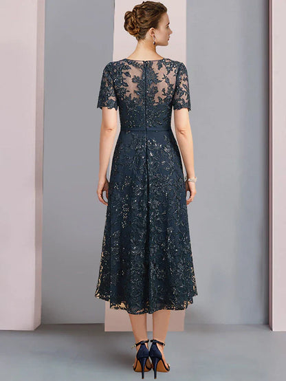 Two Piece A-Line Mother of the Bride Dress Elegant Scoop Neck Tea Length Lace Short Sleeve with Sequin AppliquesTwo Piece A-Line Mother of the Bride Dress Elegant Scoop Neck Tea Length Lace Short Sleeve with Sequin Appliques