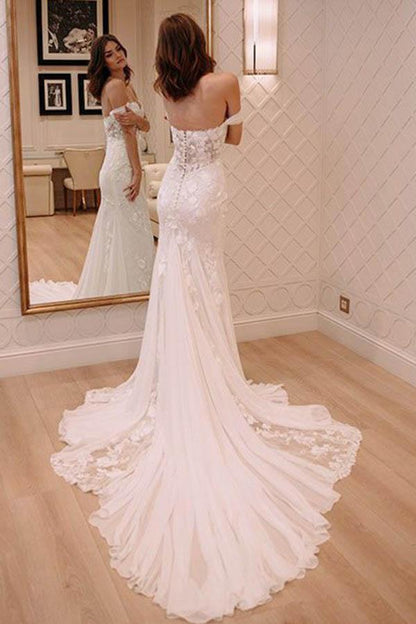 Off Shoulder Court Train Chiffon Wedding Dress with Lace Appliques