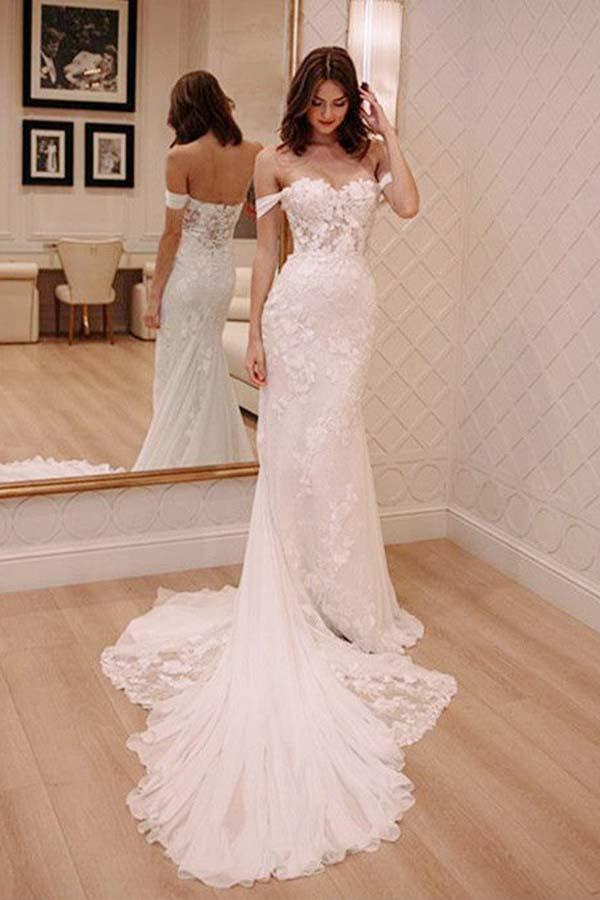Off Shoulder Court Train Chiffon Wedding Dress with Lace Appliques
