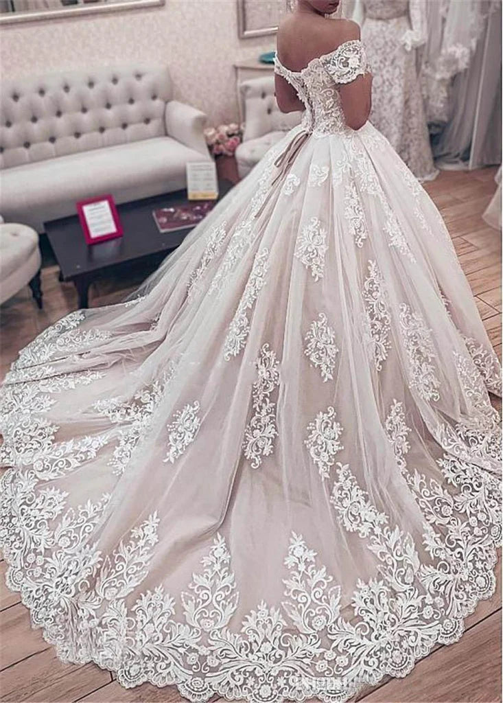 Off the Shoulder Lace Appliques Ball Gown Wedding Dress