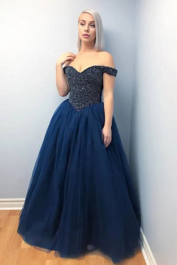 A Line Off the Shoulder Evening Dress Lace-Up Tulle Beading Navy Blue Prom Dress