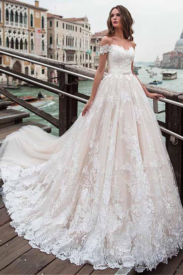 Off-the-shoulder Neckline A-line Wedding Dress With Lace Appliques