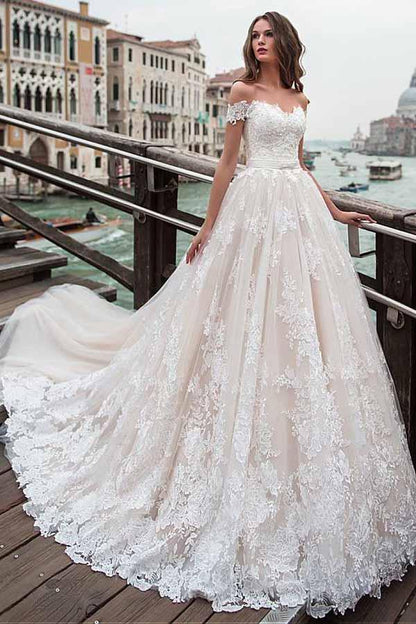 Off-the-shoulder Neckline A-line Wedding Dress With Lace Appliques