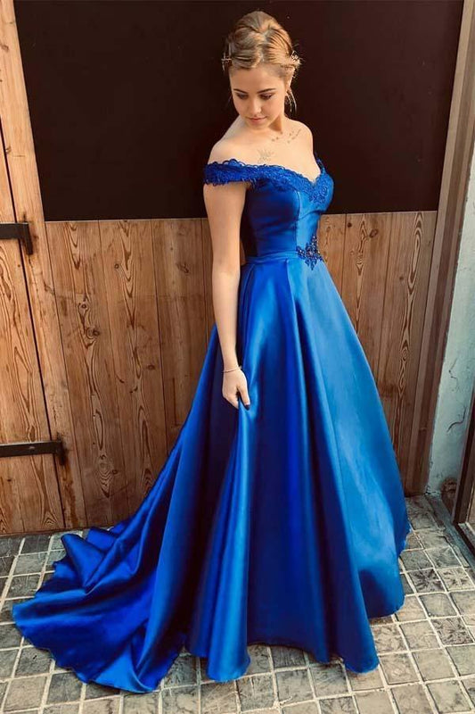 A Line Off the Shoulder Royal Blue Long Prom Dress with Lace-Up Back