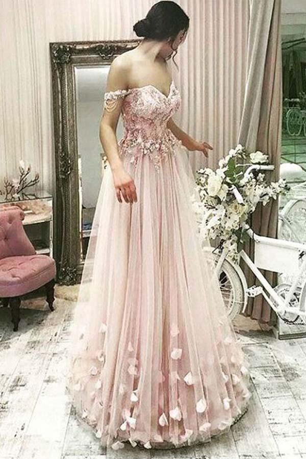 A Line Off the Shoulder Sweetheart Pink Lace Long Prom Dresses With 3D Flower