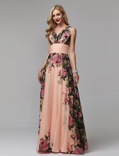 A-Line Floral Dress Holiday Floor Length Sleeveless V Neck Bridesmaid Dress Chiffon with Pattern / Print