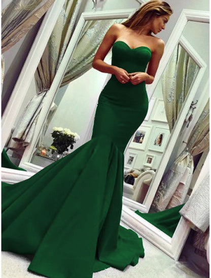 Sheath Mermaid Sleeveless Party Dress Sexy  Dress Strapless  Court Train Stretch Fabric with Pleats
